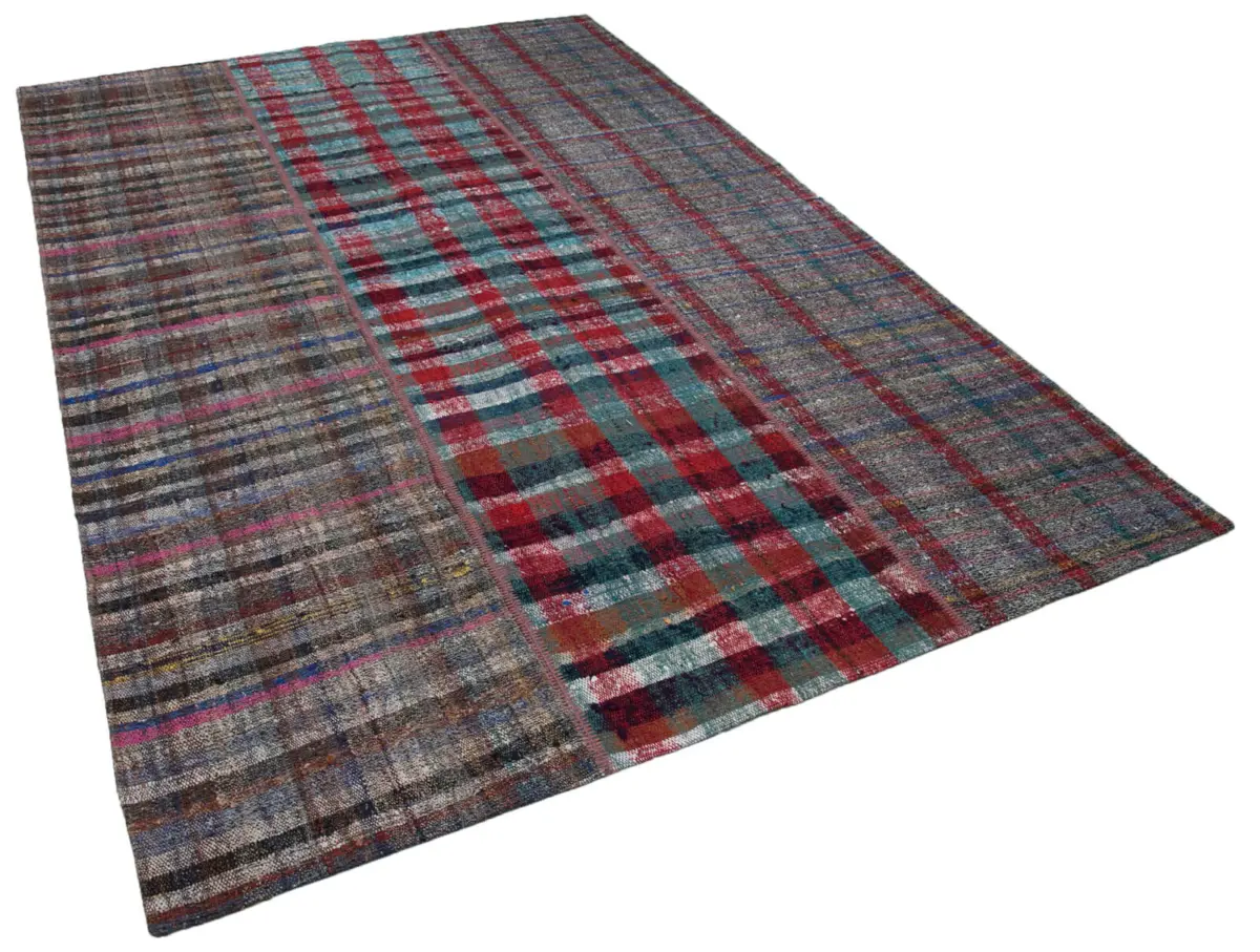 Chaput Patchwork Multi Renk Pamuk Üzerine Yün El Dokuma Kilim-205x300 - Görsel 2