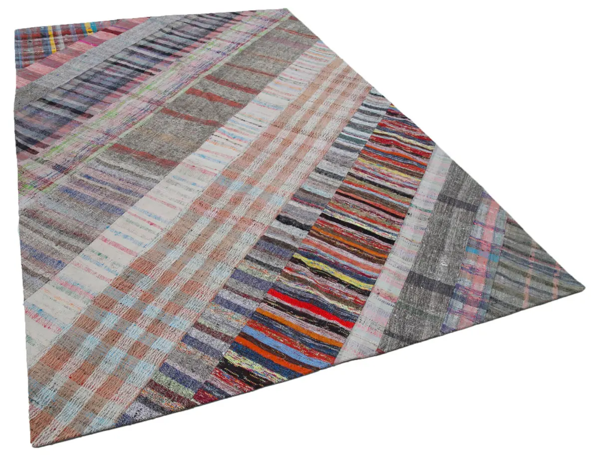 Chaput Patchwork Multi Renk Pamuk Üzerine Yün El Dokuma Kilim-202x304 - Görsel 2