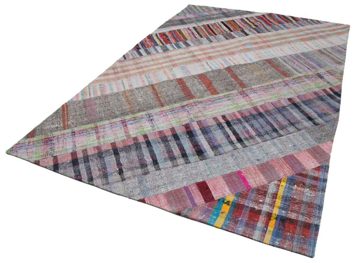 Chaput Patchwork Multi Renk Pamuk Üzerine Yün El Dokuma Kilim-202x304 - Görsel 3