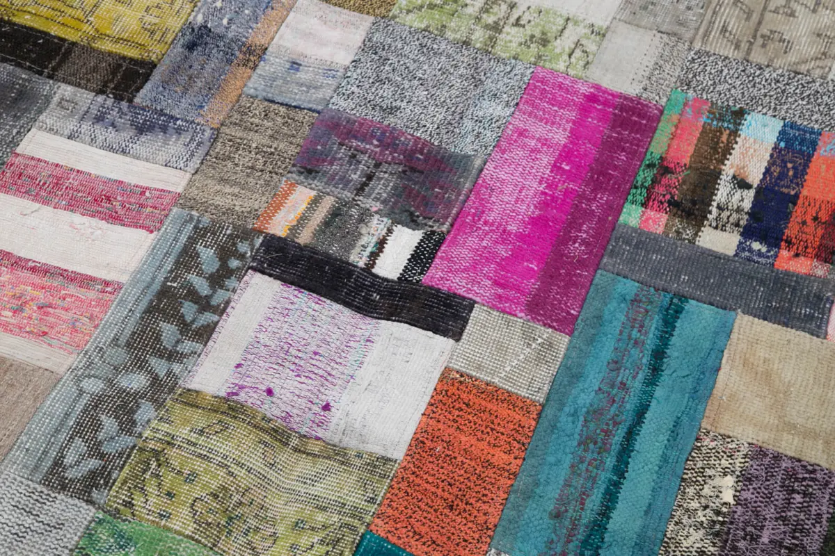 Chaput Patchwork Multi Renk Pamuk Üzerine Yün El Dokuma Kilim-198x302 - Görsel 6