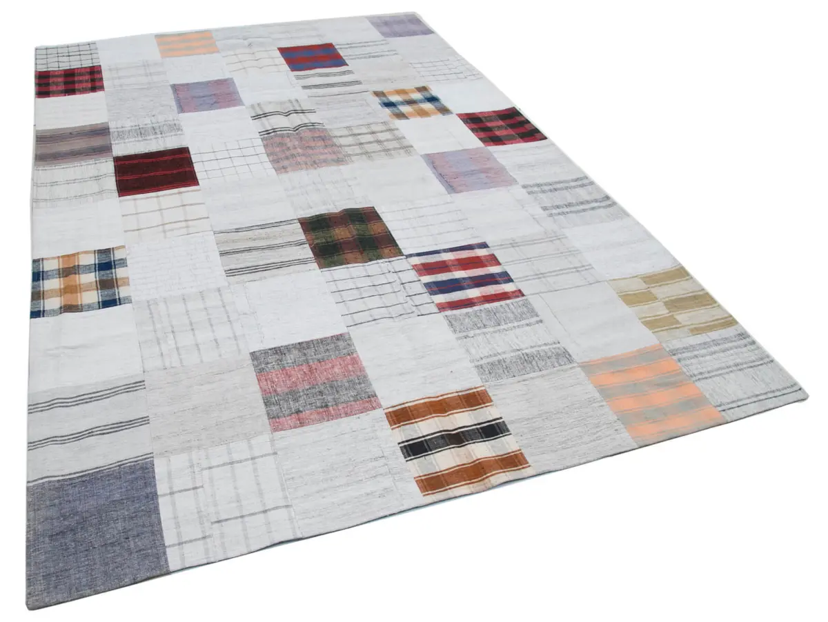 İnce Bez Patchwork Multi Pamuk Üzerine Yün El Dokuma Kilim-200x300 - Görsel 2