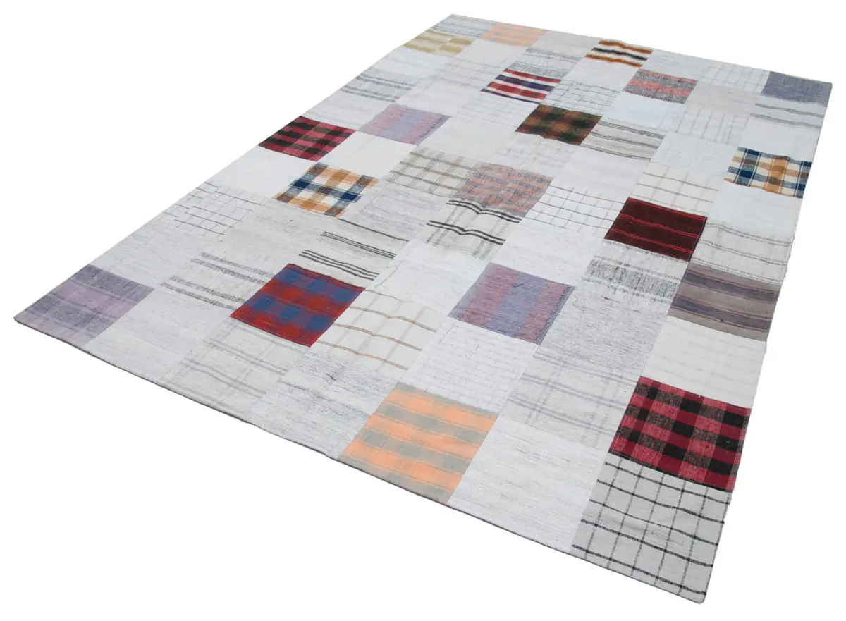 İnce Bez Patchwork Multi Pamuk Üzerine Yün El Dokuma Kilim-200x300 - Görsel 3