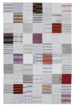 İnce Bez Patchwork Multi Pamuk Üzerine Yün El Dokuma Kilim-201x300