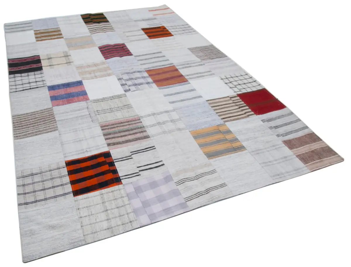 İnce Bez Patchwork Multi Pamuk Üzerine Yün El Dokuma Kilim-201x300 - Görsel 2