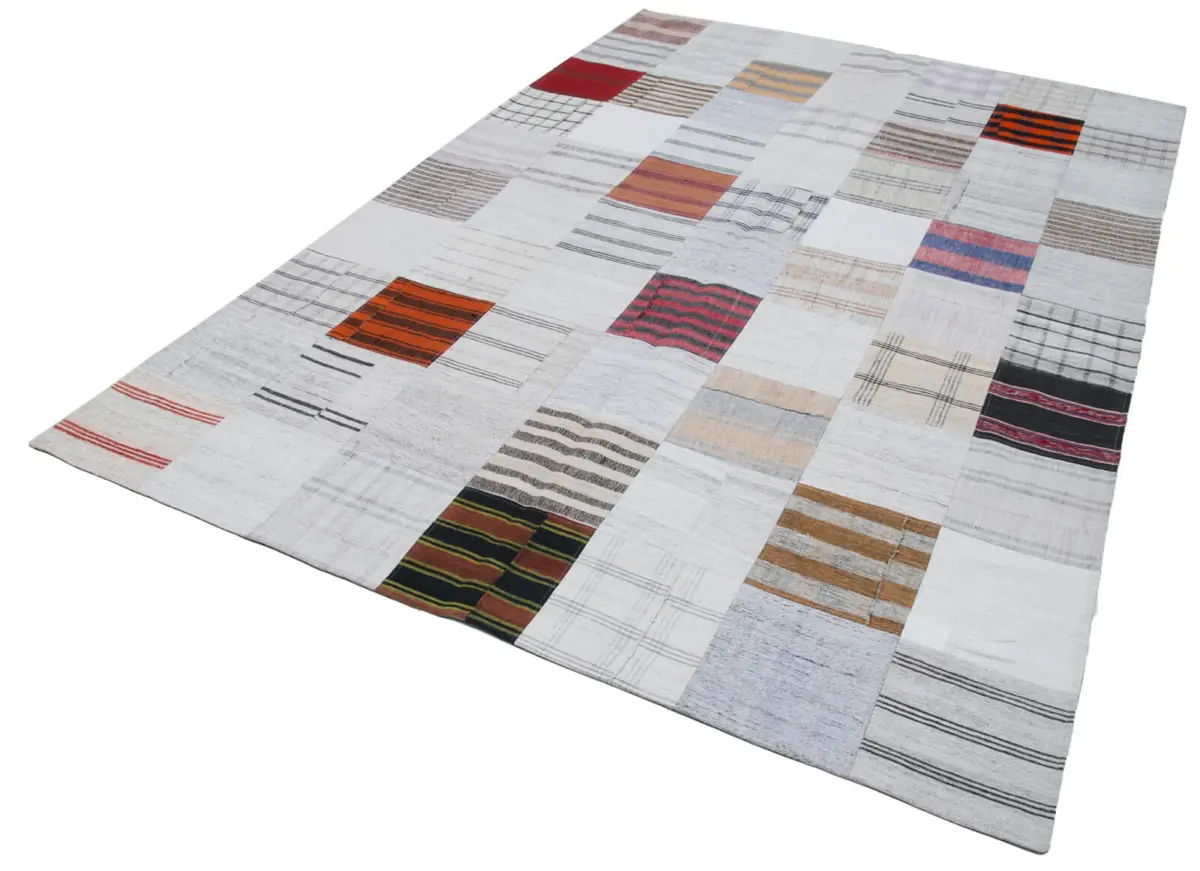 İnce Bez Patchwork Multi Pamuk Üzerine Yün El Dokuma Kilim-201x300 - Görsel 3