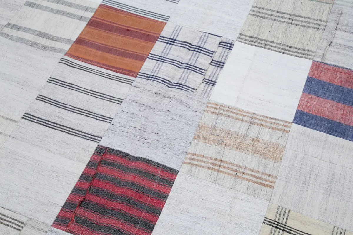 İnce Bez Patchwork Multi Pamuk Üzerine Yün El Dokuma Kilim-201x300 - Görsel 6
