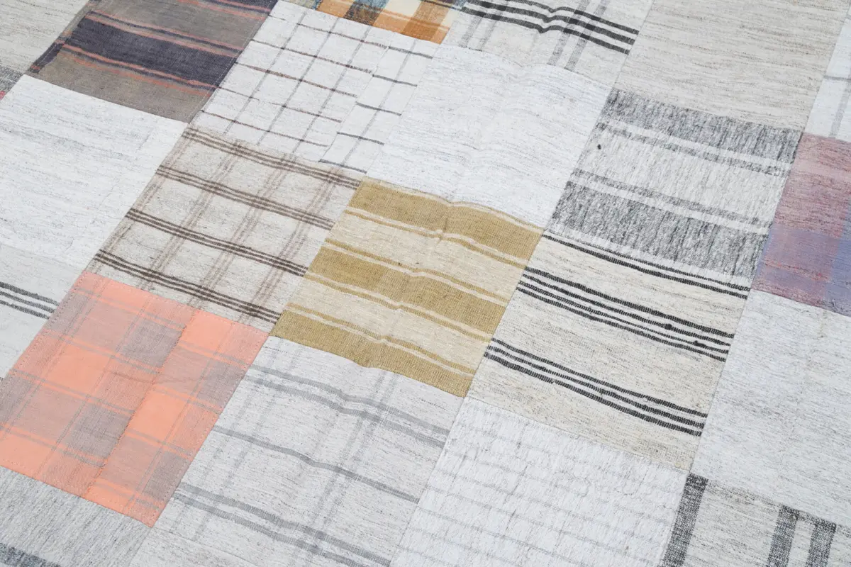 İnce Bez Patchwork Multi Pamuk Üzerine Yün El Dokuma Kilim-200x300 - Görsel 6