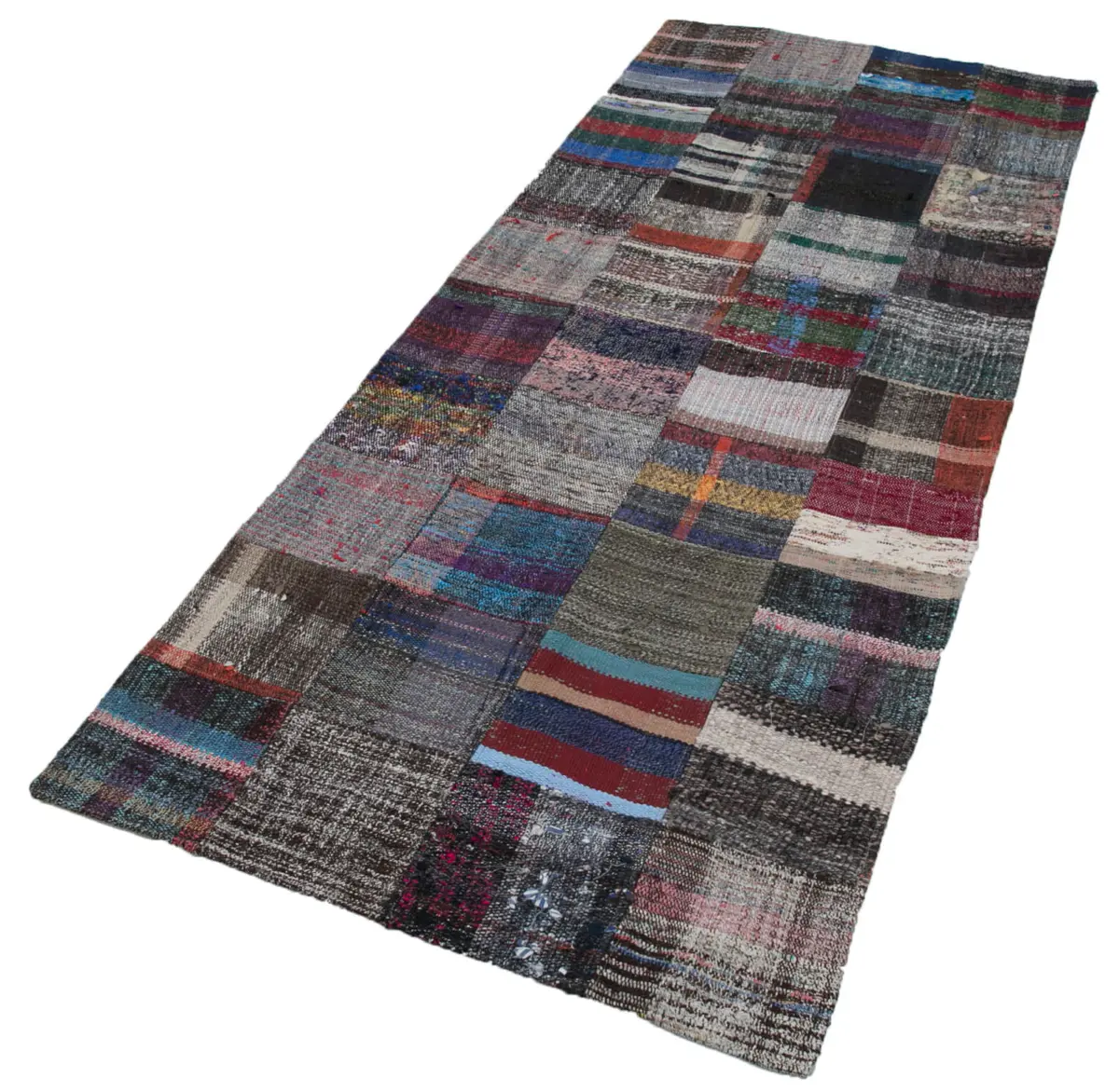 Chaput Patchwork Multi Renk Pamuk Üzerine Yün El Dokuma Kilim-100x250 - Görsel 3