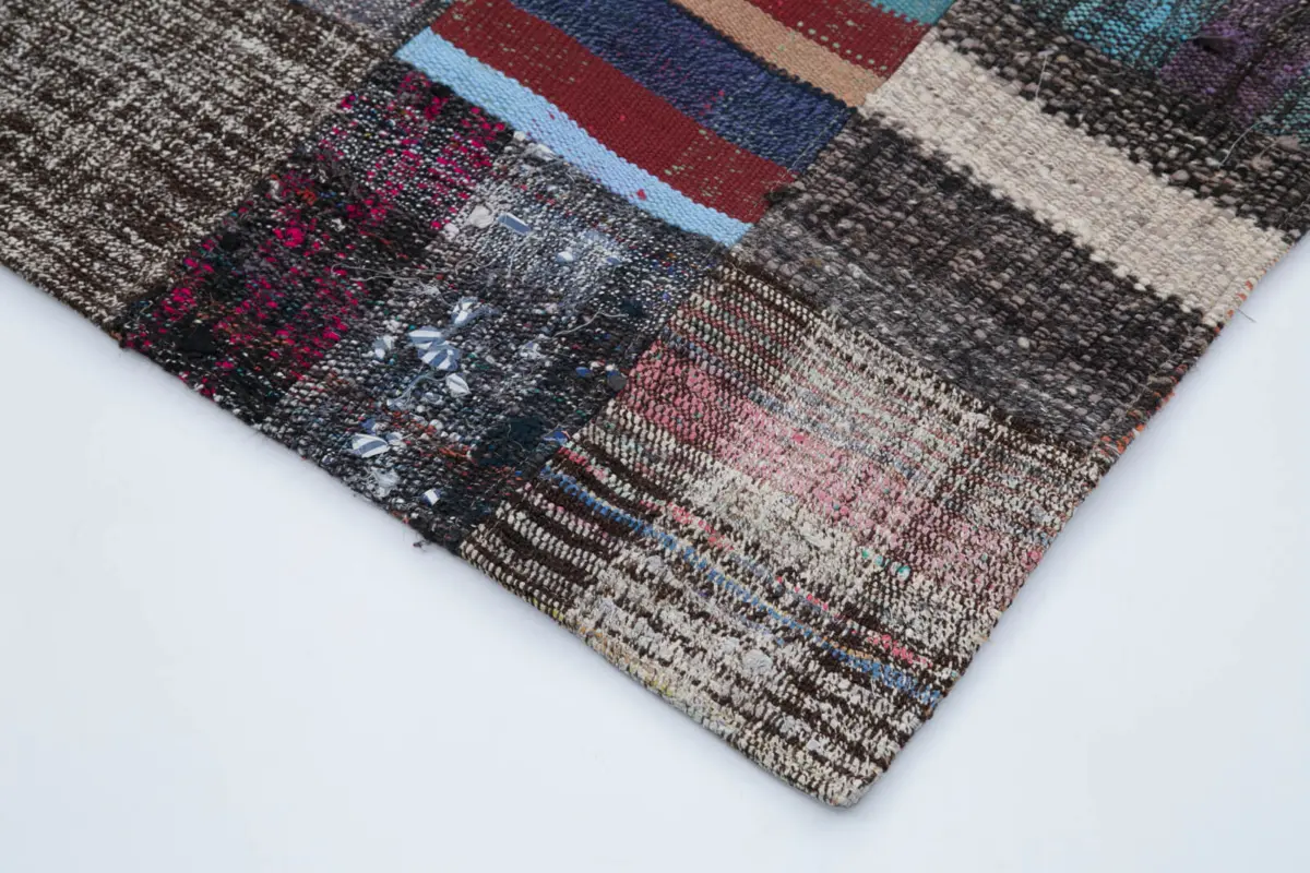 Chaput Patchwork Multi Renk Pamuk Üzerine Yün El Dokuma Kilim-100x250 - Görsel 4
