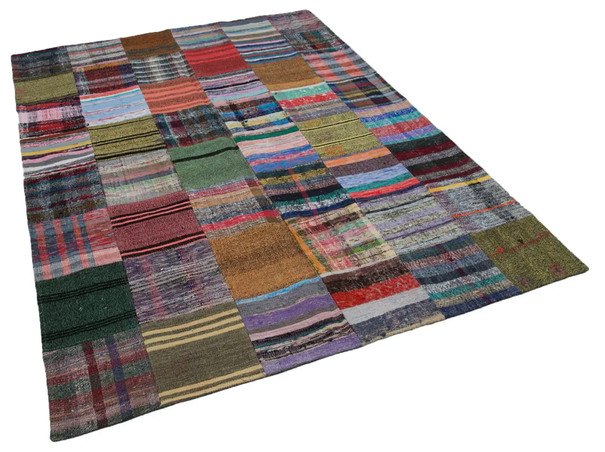 Chaput Patchwork Multi Renk Pamuk Üzerine Yün El Dokuma Kilim-180x240 - Görsel 2
