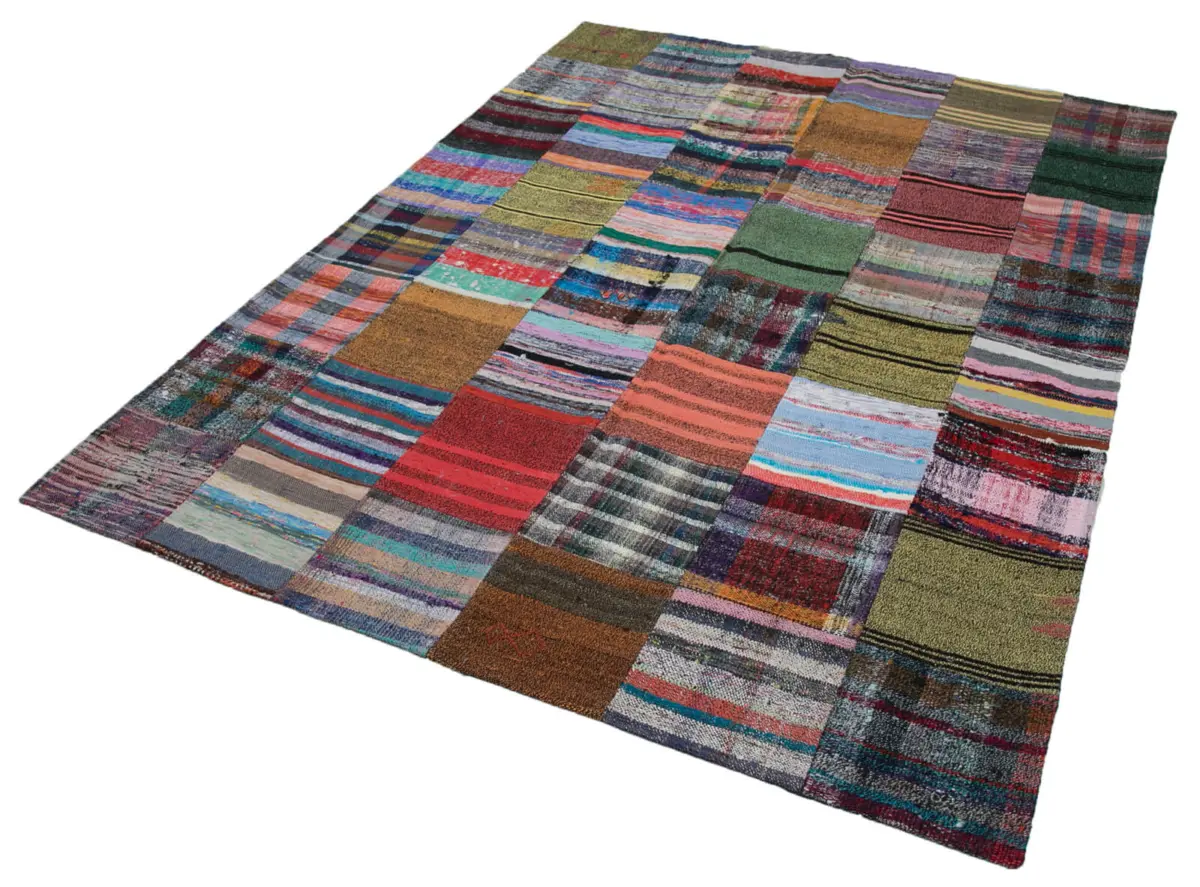 Chaput Patchwork Multi Renk Pamuk Üzerine Yün El Dokuma Kilim-180x240 - Görsel 3