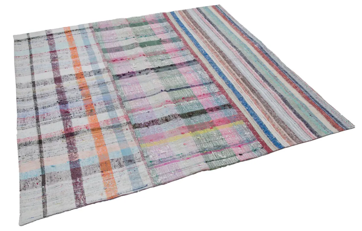 Chaput Patchwork Multi Renk Pamuk Üzerine Yün El Dokuma Kilim-187x198 - Görsel 2