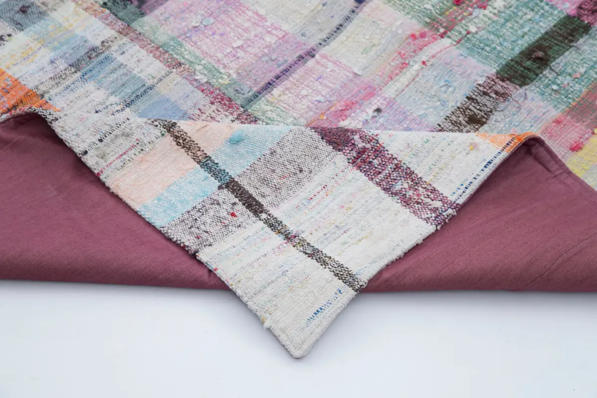 Chaput Patchwork Multi Renk Pamuk Üzerine Yün El Dokuma Kilim-187x198 - Görsel 5
