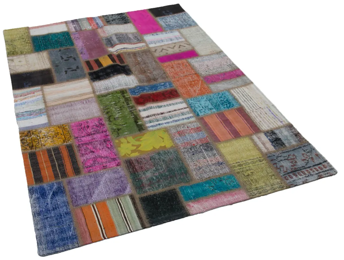 Chaput Patchwork Multi Renk Pamuk Üzerine Yün El Dokuma Kilim-140x195 - Görsel 2