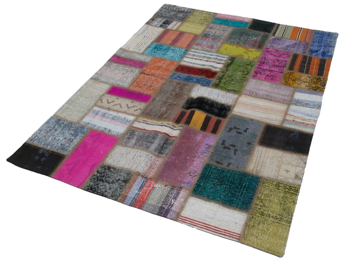 Chaput Patchwork Multi Renk Pamuk Üzerine Yün El Dokuma Kilim-140x195 - Görsel 3