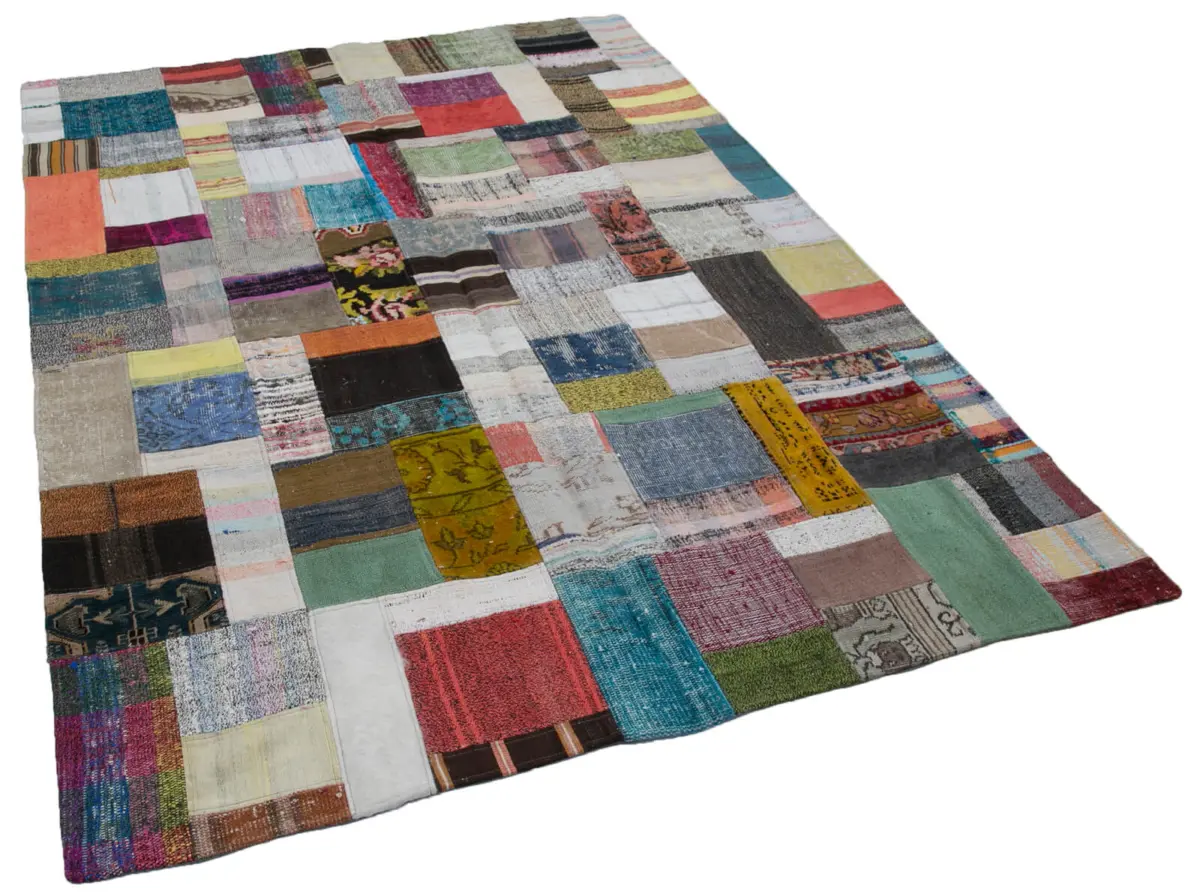 Chaput Patchwork Multi Renk Pamuk Üzerine Yün El Dokuma Kilim-170x240 - Görsel 2