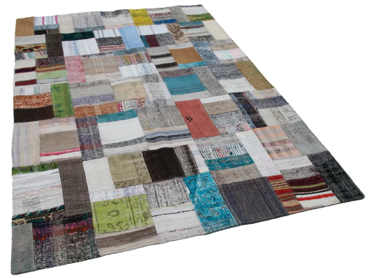 Chaput Patchwork Multi Renk Pamuk Üzerine Yün El Dokuma Kilim-170x240 - Görsel 2