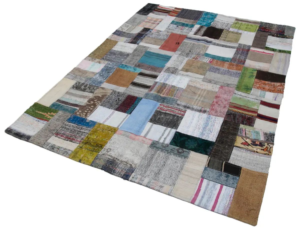 Chaput Patchwork Multi Renk Pamuk Üzerine Yün El Dokuma Kilim-170x240 - Görsel 3