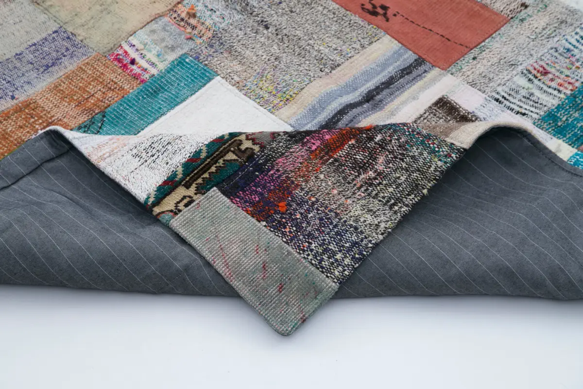 Chaput Patchwork Multi Renk Pamuk Üzerine Yün El Dokuma Kilim-170x240 - Görsel 5