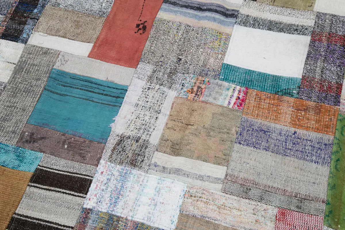 Chaput Patchwork Multi Renk Pamuk Üzerine Yün El Dokuma Kilim-170x240 - Görsel 6
