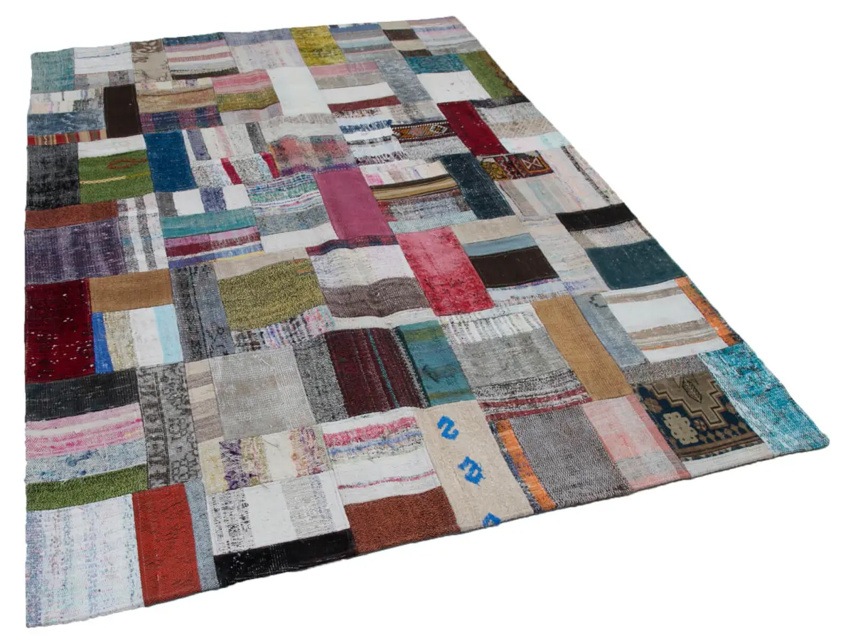 Chaput Patchwork Multi Renk Pamuk Üzerine Yün El Dokuma Kilim-172x240 - Görsel 2