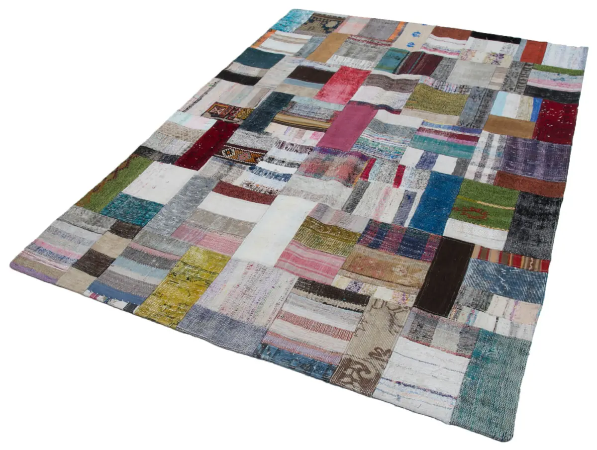 Chaput Patchwork Multi Renk Pamuk Üzerine Yün El Dokuma Kilim-172x240 - Görsel 3