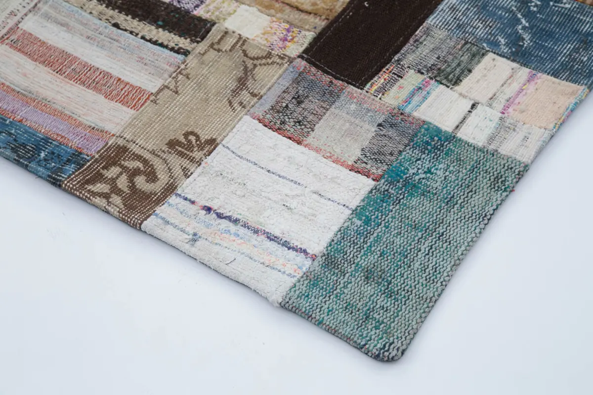 Chaput Patchwork Multi Renk Pamuk Üzerine Yün El Dokuma Kilim-172x240 - Görsel 4