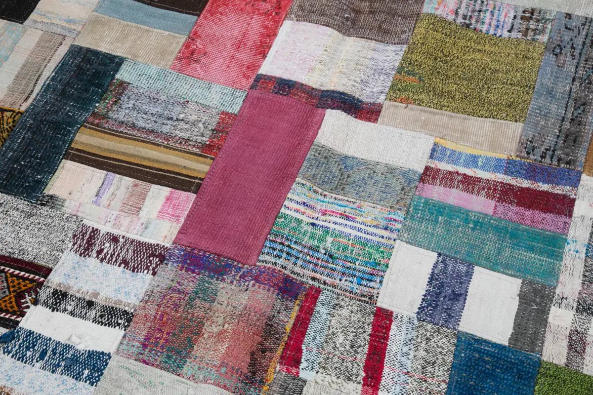 Chaput Patchwork Multi Renk Pamuk Üzerine Yün El Dokuma Kilim-172x240 - Görsel 6