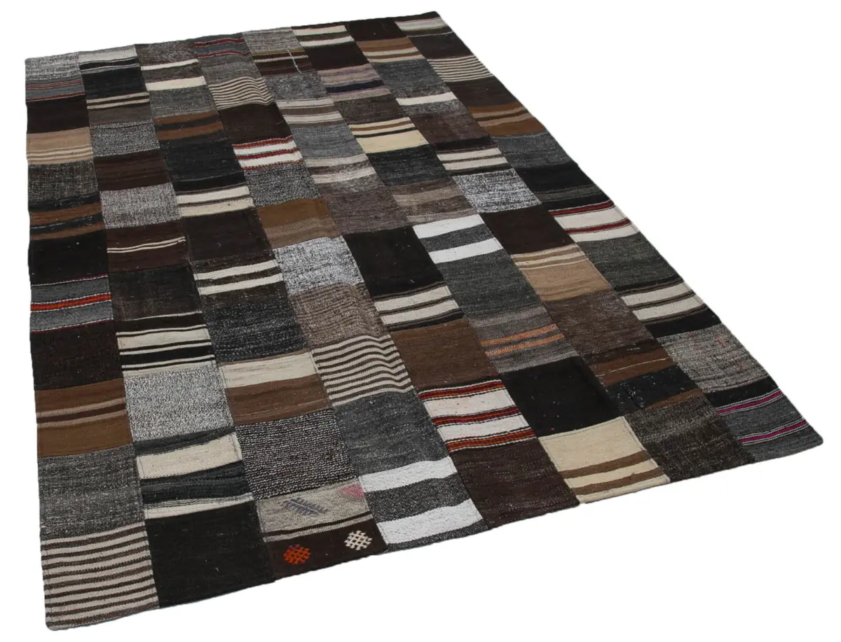 Chaput Patchwork Kahverengi Renk Pamuk Üzerine Yün El Dokuma Kilim-170x242 - Görsel 2