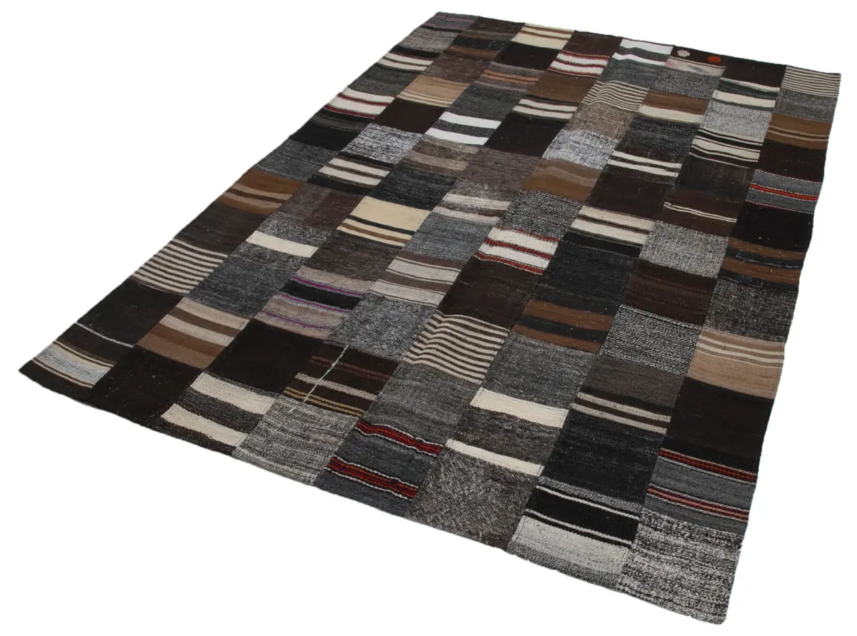 Chaput Patchwork Kahverengi Renk Pamuk Üzerine Yün El Dokuma Kilim-170x242 - Görsel 3