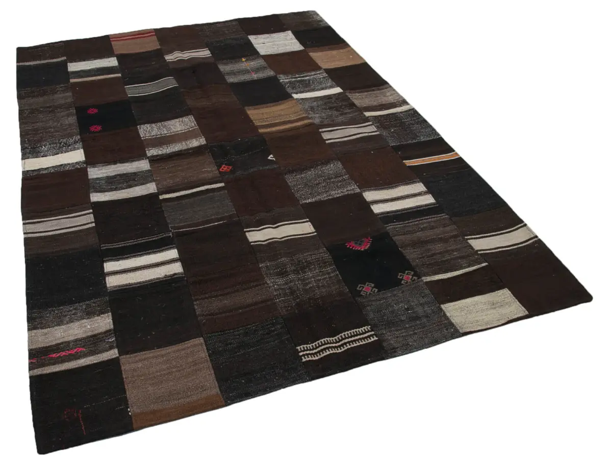 Chaput Patchwork Kahverengi Renk Pamuk Üzerine Yün El Dokuma Kilim-170x240 - Görsel 2