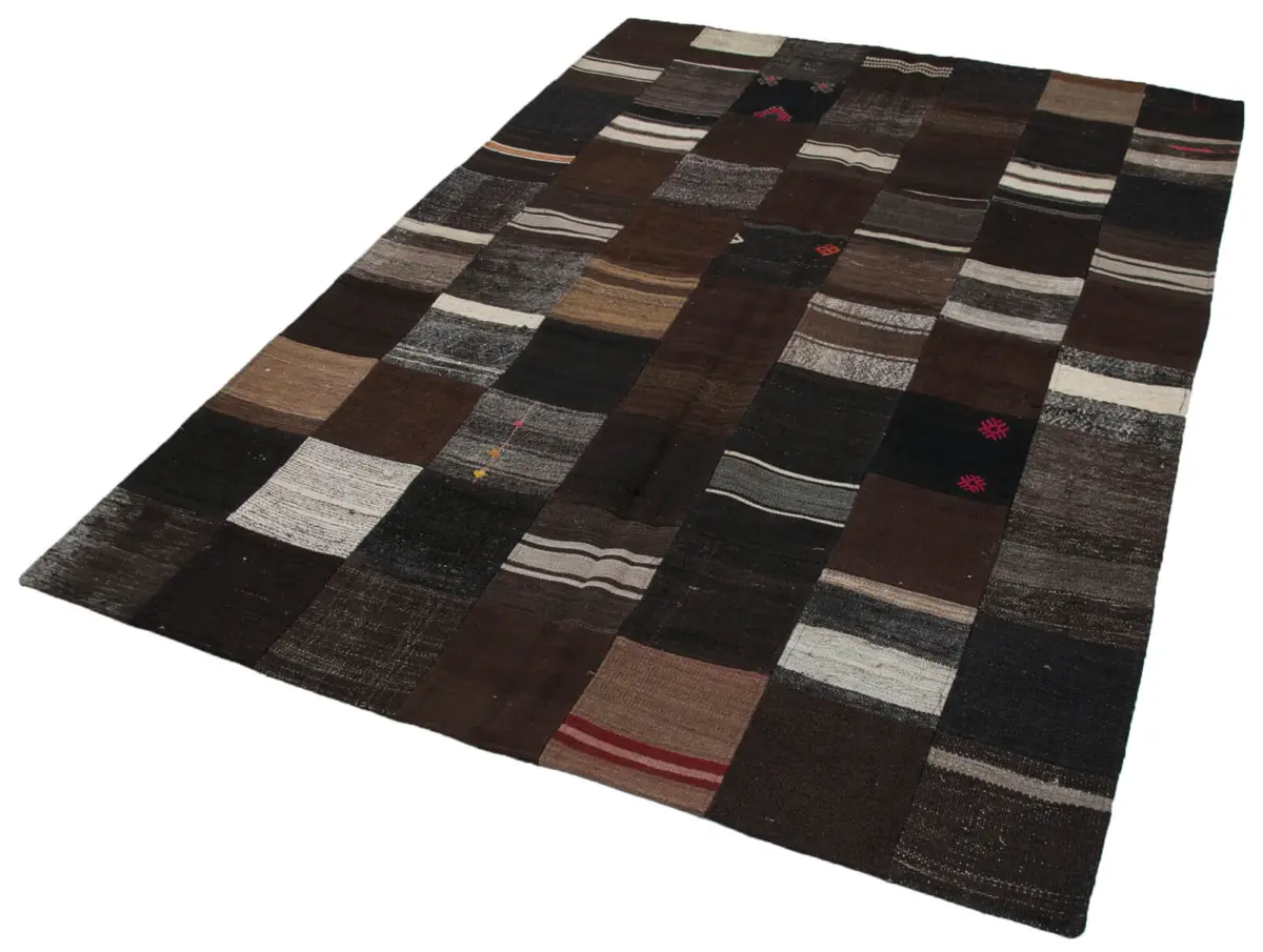 Chaput Patchwork Kahverengi Renk Pamuk Üzerine Yün El Dokuma Kilim-170x240 - Görsel 3