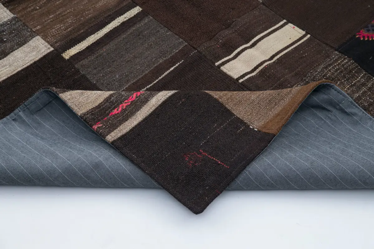 Chaput Patchwork Kahverengi Renk Pamuk Üzerine Yün El Dokuma Kilim-170x240 - Görsel 5