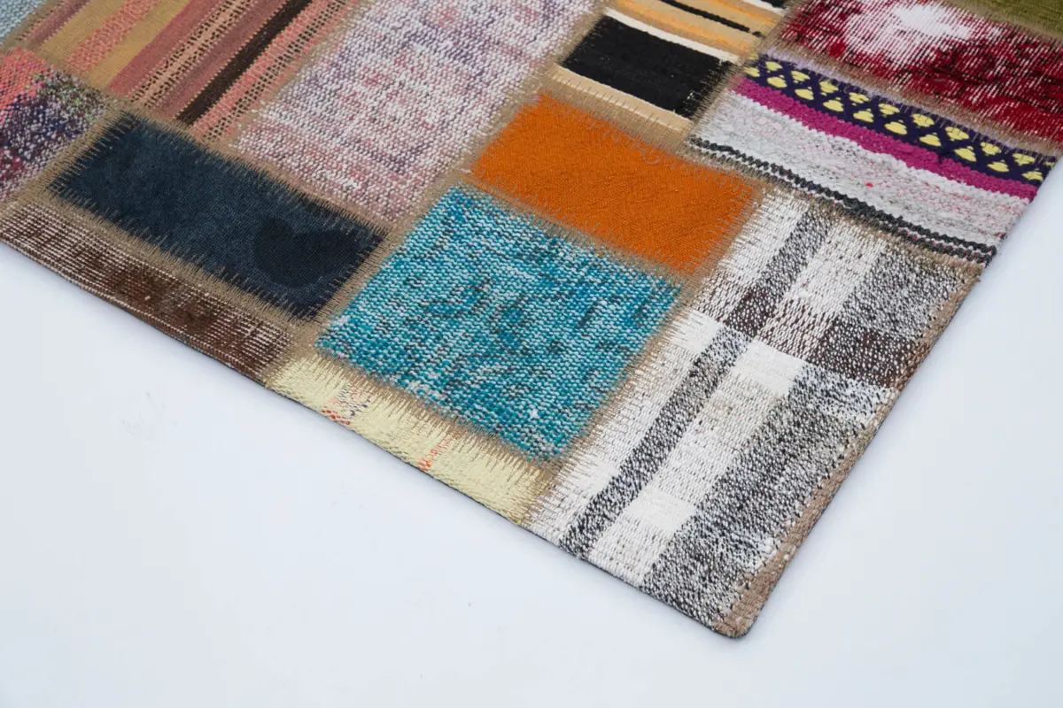 Chaput Patchwork Multi Renk Pamuk Üzerine Yün El Dokuma Kilim-170x235 - Görsel 4