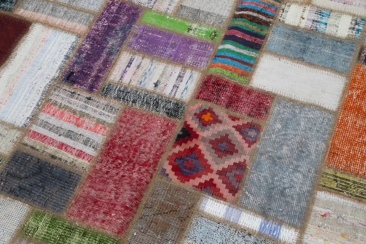Chaput Patchwork Multi Renk Pamuk Üzerine Yün El Dokuma Kilim-170x235 - Görsel 6
