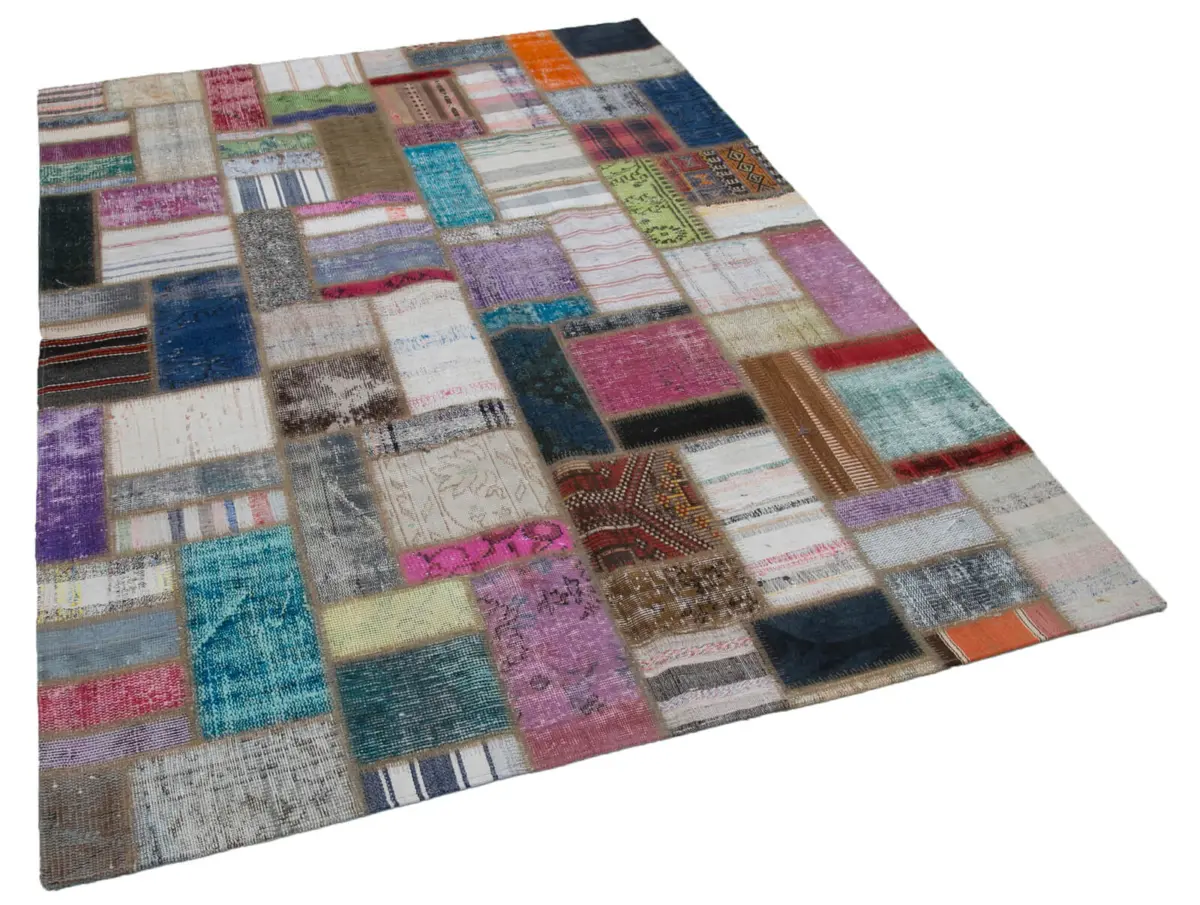 Chaput Patchwork Multi Renk Pamuk Üzerine Yün El Dokuma Kilim-170x234 - Görsel 2