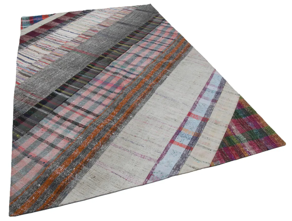 Chaput Patchwork Multi Renk Pamuk Üzerine Yün El Dokuma Kilim-197x305 - Görsel 2