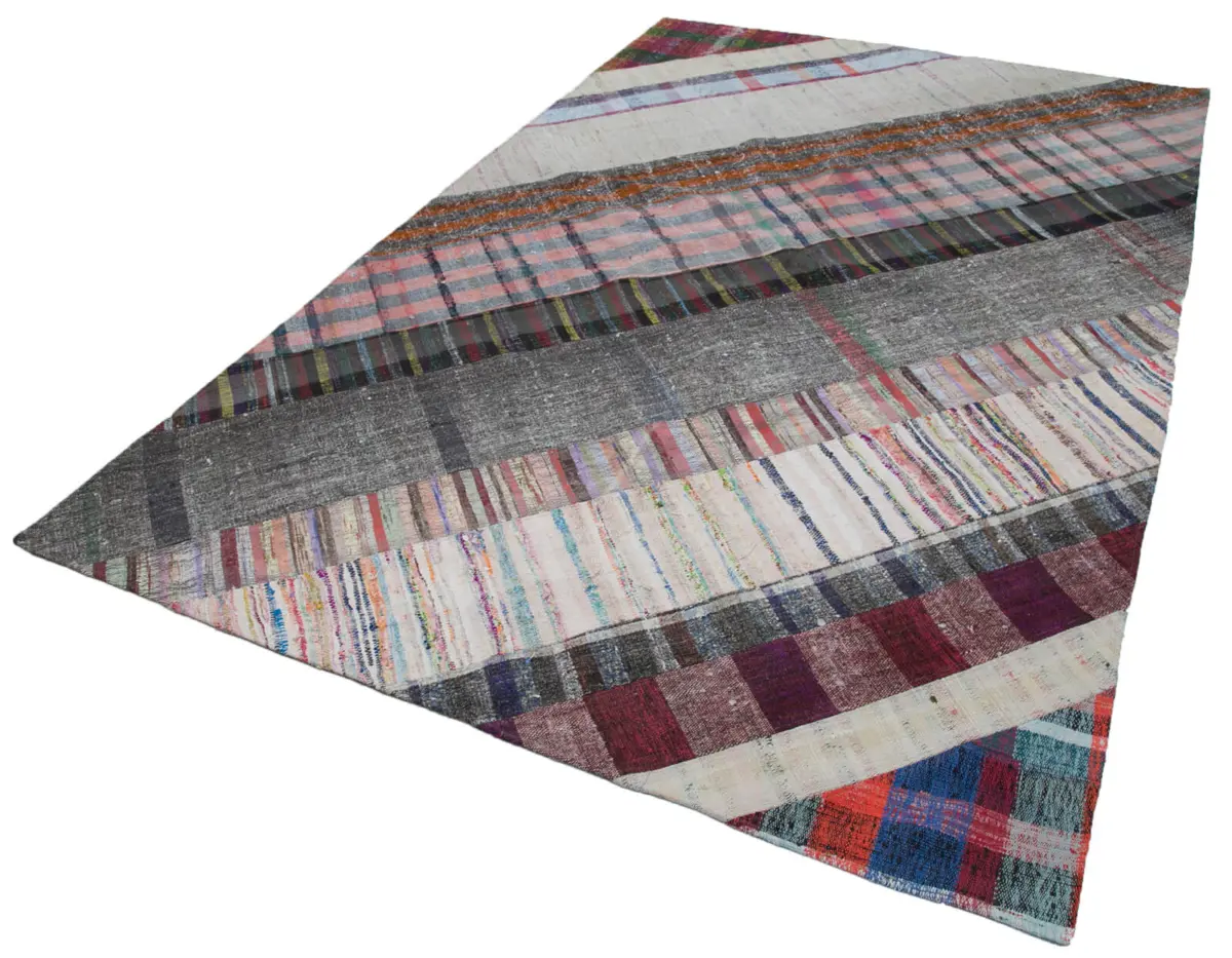 Chaput Patchwork Multi Renk Pamuk Üzerine Yün El Dokuma Kilim-197x305 - Görsel 3