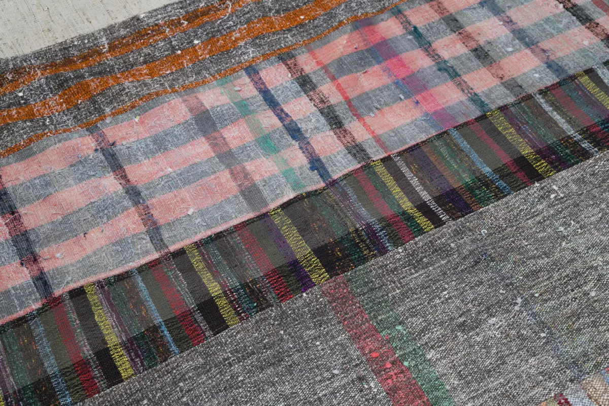 Chaput Patchwork Multi Renk Pamuk Üzerine Yün El Dokuma Kilim-197x305 - Görsel 6