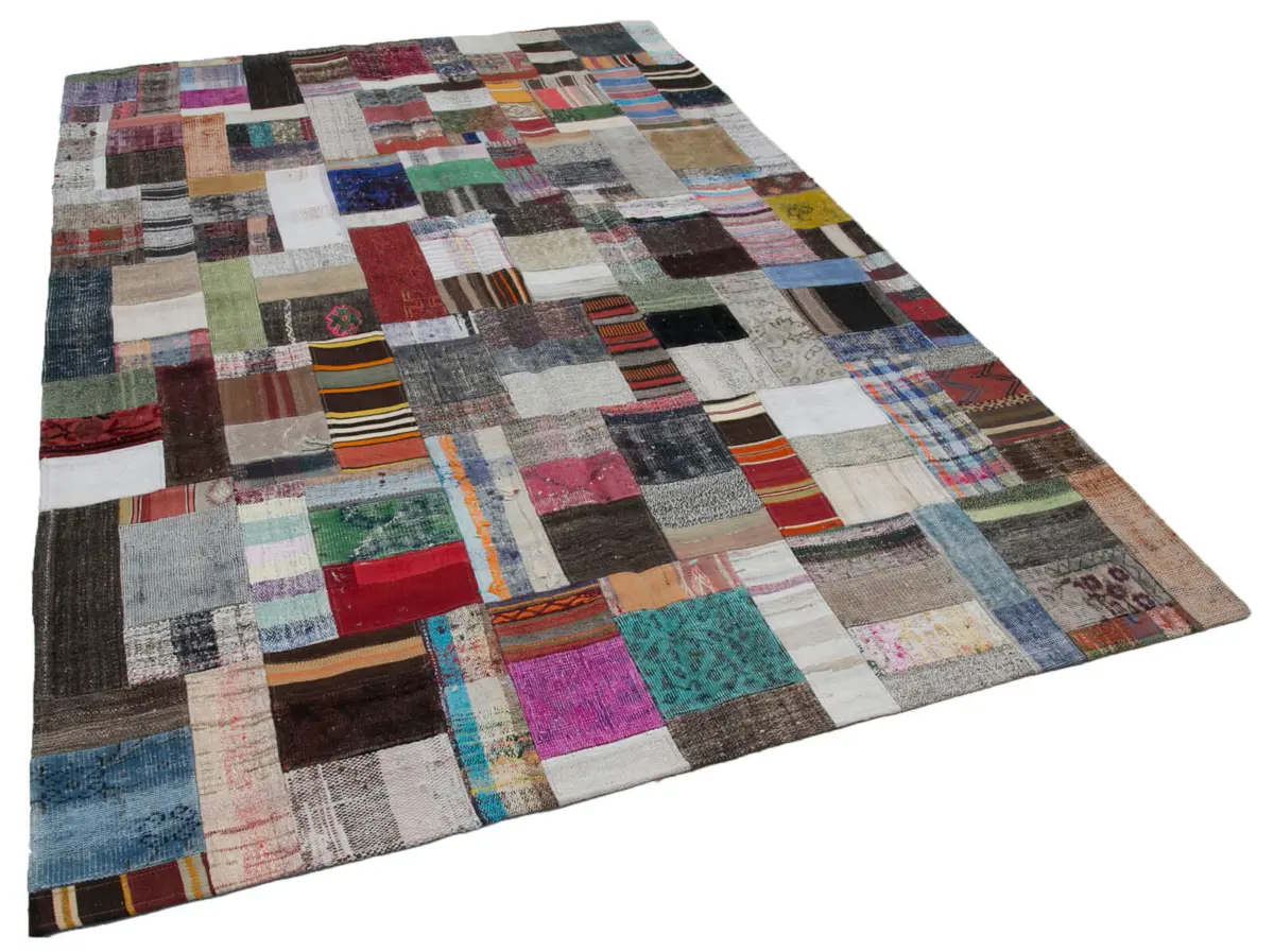 Chaput Patchwork Multi Renk Pamuk Üzerine Yün El Dokuma Kilim-205x305 - Görsel 2