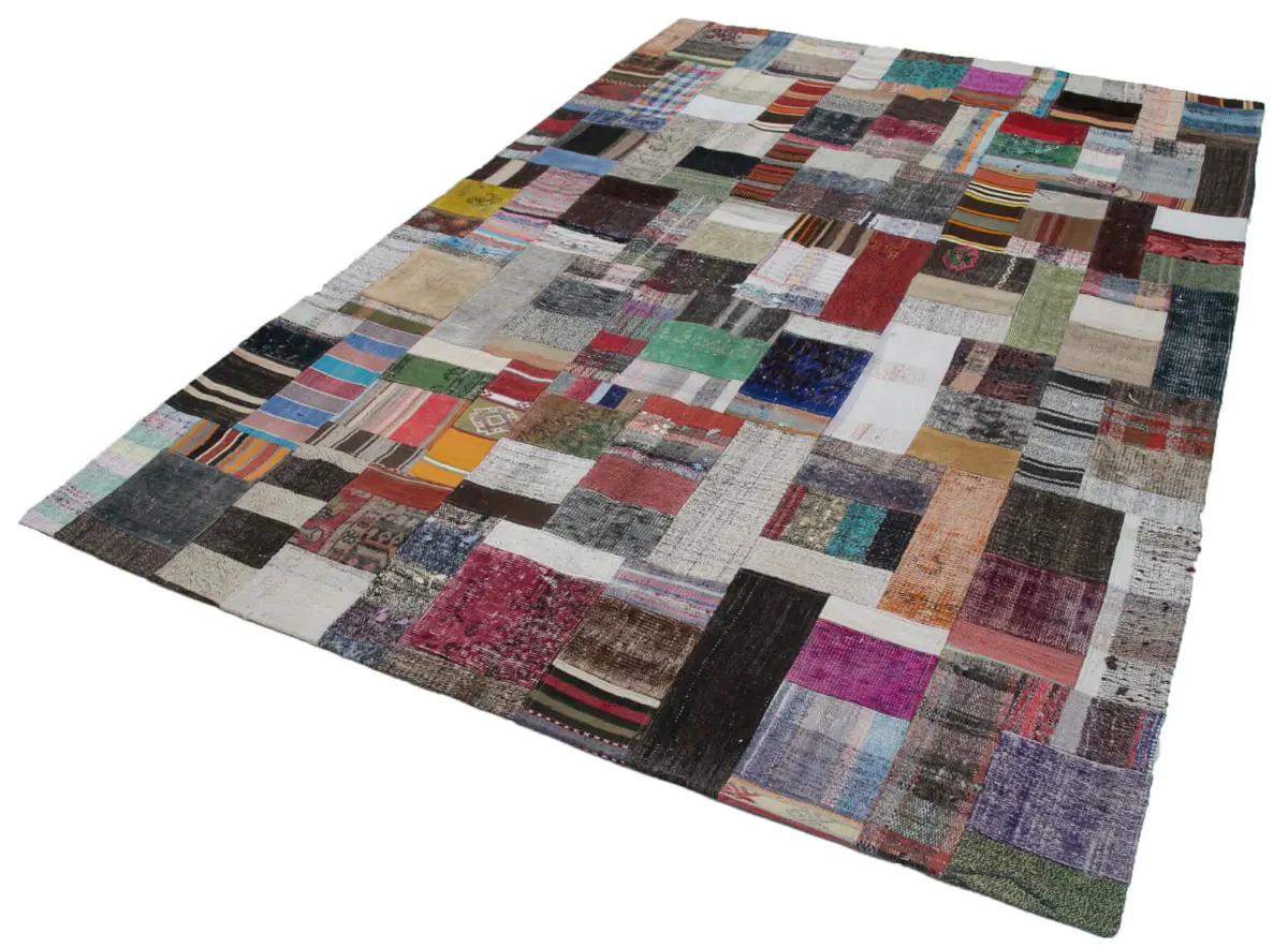 Chaput Patchwork Multi Renk Pamuk Üzerine Yün El Dokuma Kilim-205x305 - Görsel 3