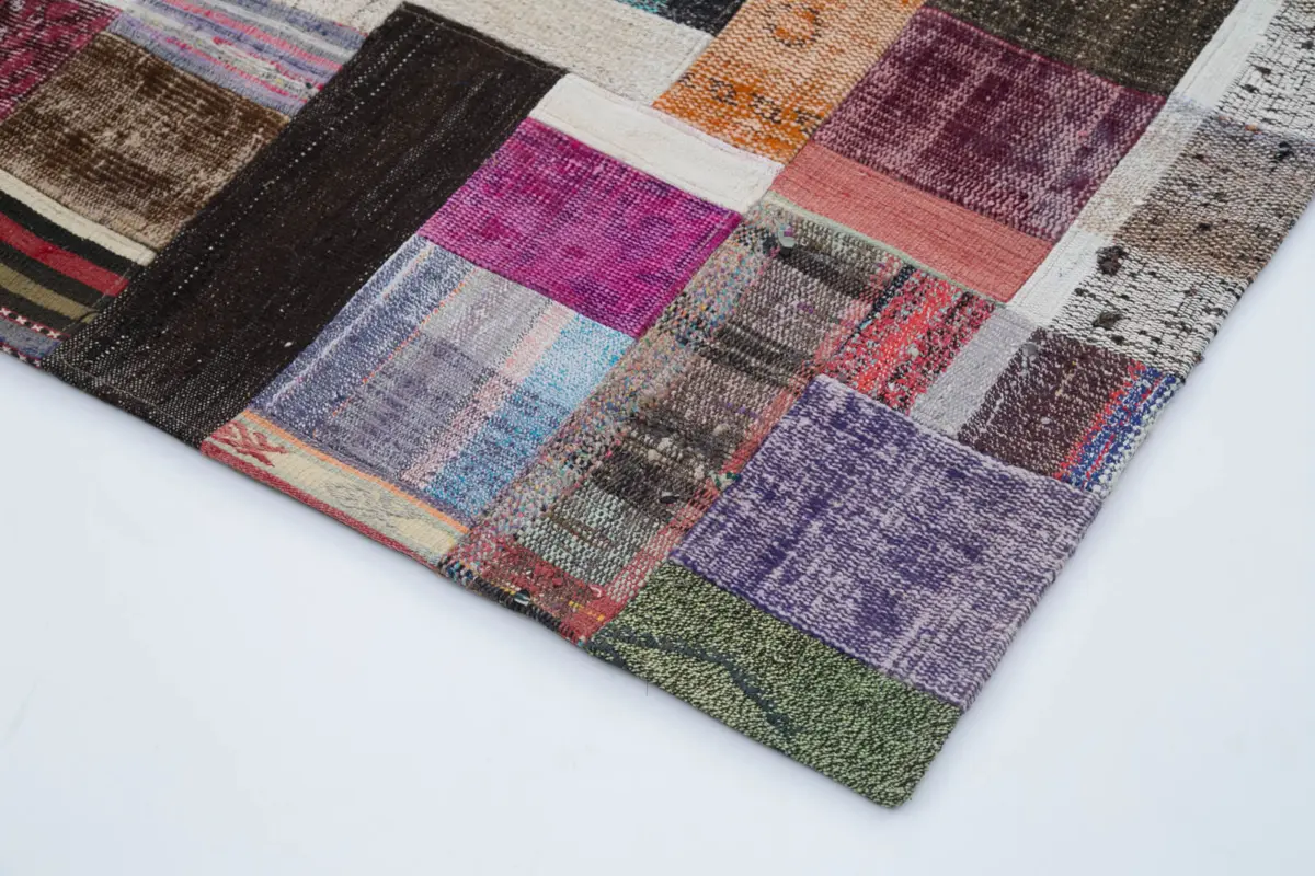 Chaput Patchwork Multi Renk Pamuk Üzerine Yün El Dokuma Kilim-205x305 - Görsel 4