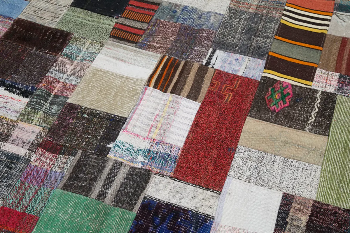Chaput Patchwork Multi Renk Pamuk Üzerine Yün El Dokuma Kilim-205x305 - Görsel 6