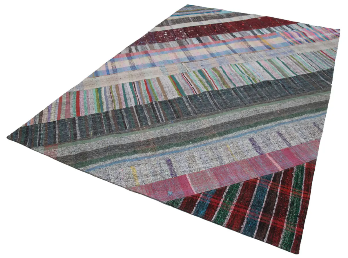 Chaput Patchwork Multi Renk Pamuk Üzerine Yün El Dokuma Kilim-206x304 - Görsel 3