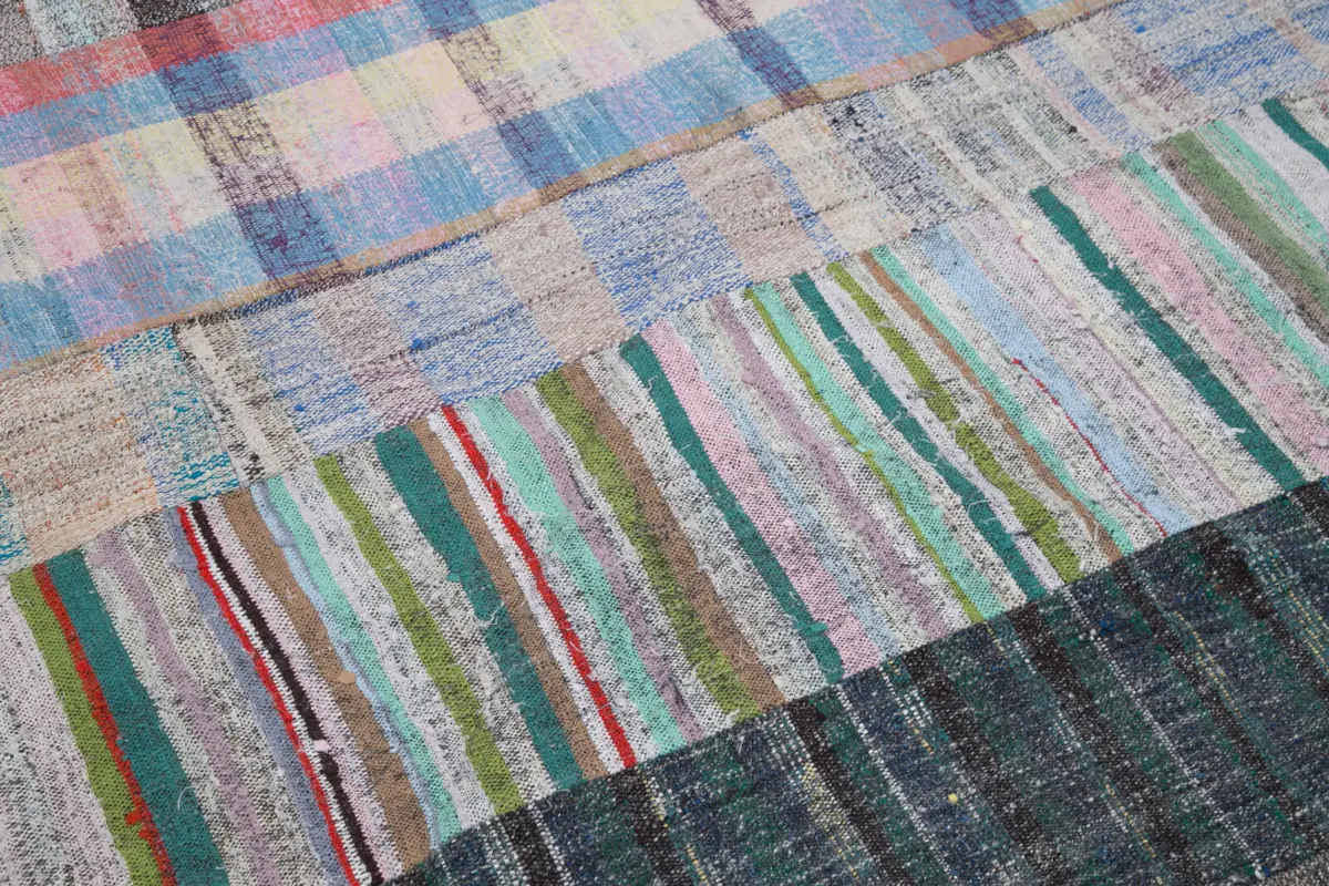 Chaput Patchwork Multi Renk Pamuk Üzerine Yün El Dokuma Kilim-206x304 - Görsel 6