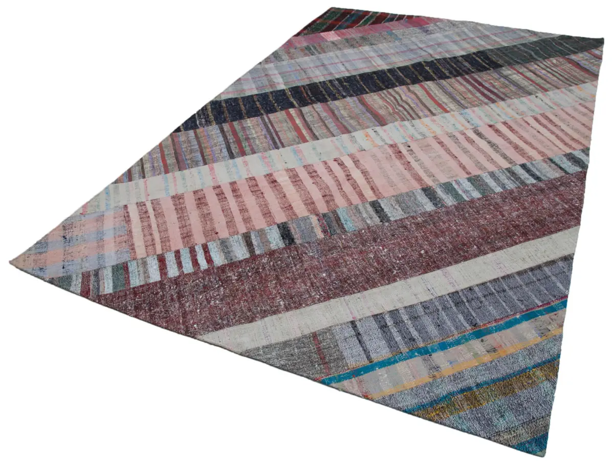 Chaput Patchwork Multi Renk Pamuk Üzerine Yün El Dokuma Kilim-197x305 - Görsel 3