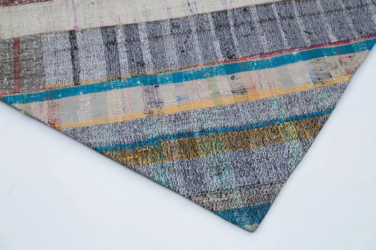 Chaput Patchwork Multi Renk Pamuk Üzerine Yün El Dokuma Kilim-197x305 - Görsel 4