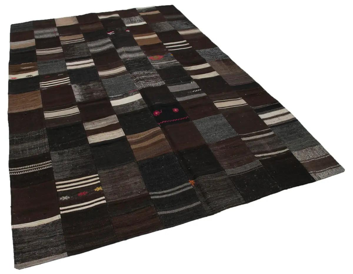 Chaput Patchwork Kahverengi Renk Pamuk Üzerine Yün El Dokuma Kilim-201x298 - Görsel 2