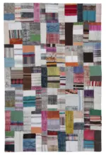 Chaput Patchwork Multi Renk Pamuk Üzerine Yün El Dokuma Kilim-200x303