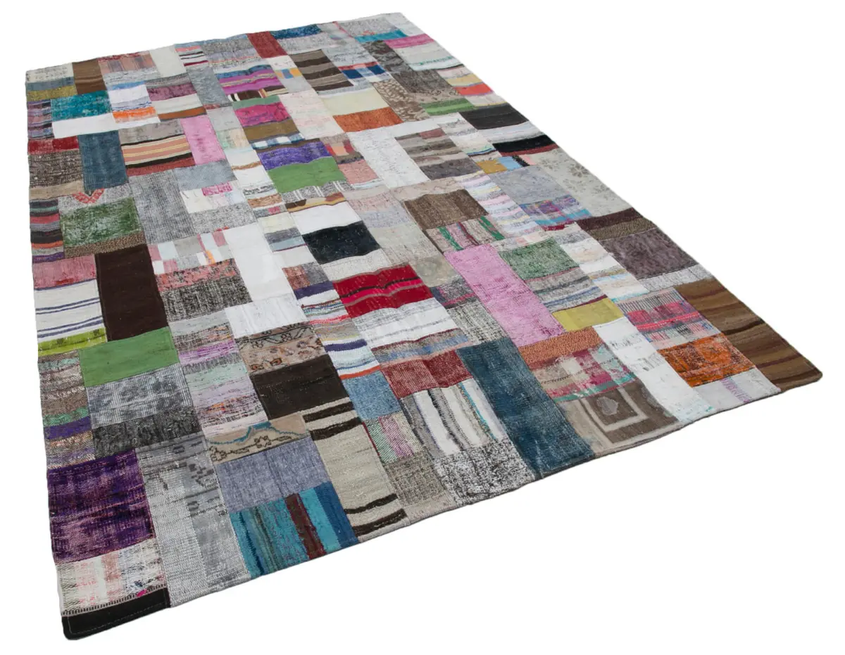 Chaput Patchwork Multi Renk Pamuk Üzerine Yün El Dokuma Kilim-200x300 - Görsel 2